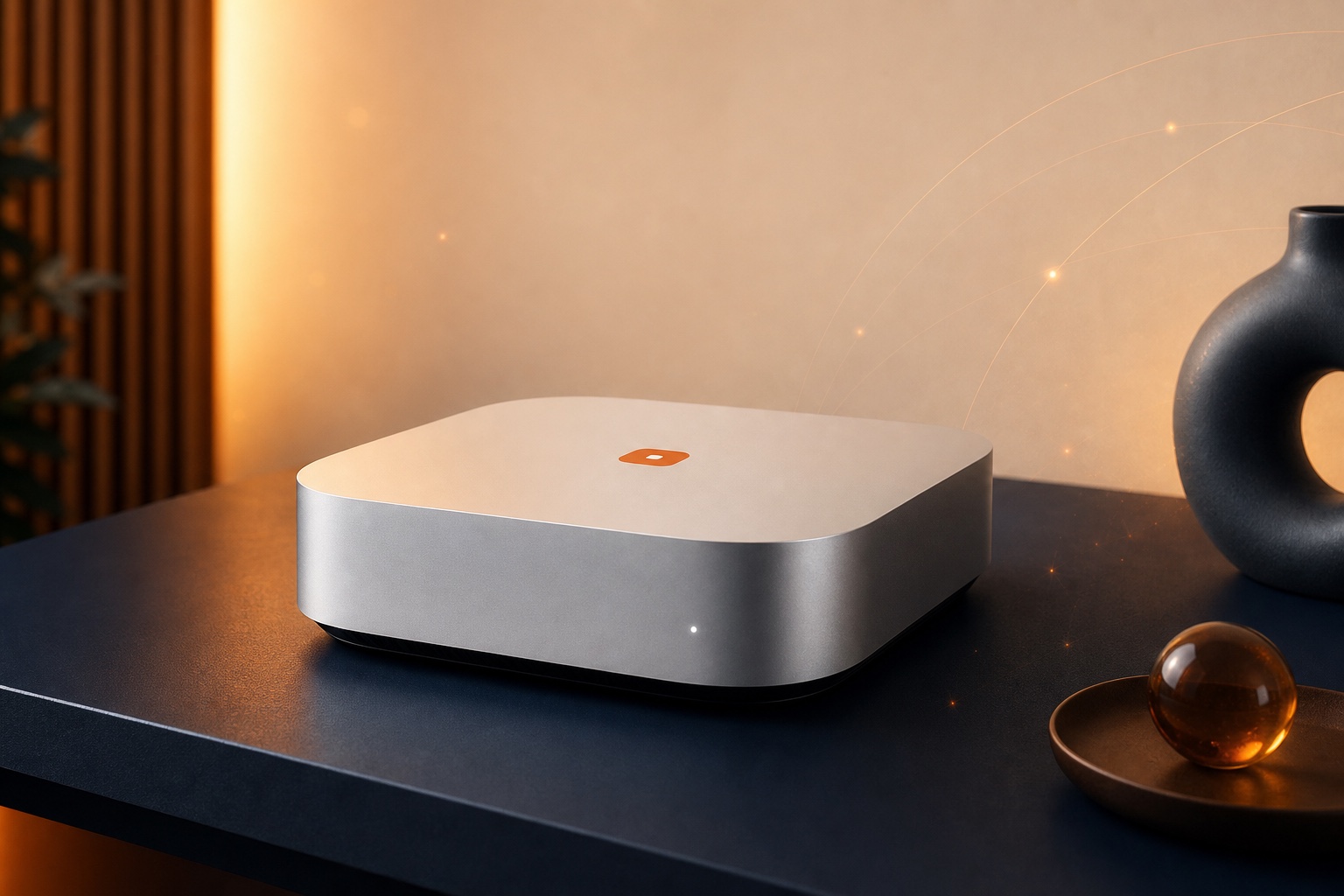 Mac mini style local AgentBox hardware setup with a small orange AgentBox mark